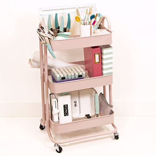 Craftelier - Carrello portaoggetti con 3 ripiani, in metallo, colore rosa, 4 ruote girevoli a 360° con freni, dimensioni: circa 78 x 40 cm