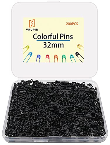 200 Pcs Colored Safety Pins,32mm Safety pins,Premium Assorted Safety Pins Bulk for Sewing Clothing DIY Craft Making with Storage Box-Black