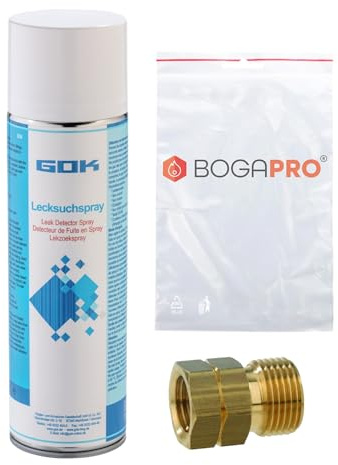 BOGAPRO Verbindungsstück 1/4 innen x 3/8 außen, Gasadapter aus Messing zum Verbinden von Reglern & Schläuchen, inkl. Lecksuchspray und Polybeutel