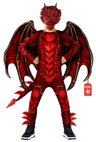 Morph Drakkostym för barn, dräkt med drakvingar för pojkar, halloweenkostym, halloweendräkt, röd, storlek M