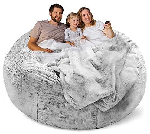 YudouTech Bean Bag Chair Cover Without Filler,Big Round Soft Fluffy PV Velvet Washable Bean Bag Lazy Sofa Bed Cover for Adults,Living Room Bedroom Furniture Outside,6ft snow grey