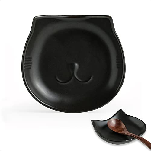 Miamolo Cat Spoon Holder for Stove, Spoon Rest Keep Countertop Clean & Tidy | 5.12 Inch Ceramic, Cute Kitchen Gadget Tray, Holds Ladles, Sponge & Tongs, Farmhouse Kitchen Decor, Gift for Cat Lover, Black