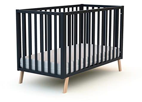 AT4 - Babybett Holz 60x120 CONFORT Graphitgrau| 125,5 x 64 x 81,5 cm |Kinderbett | Gitterbett mit Lattenrost 3 Stufen Höhenverstellbar |Bett umbaubar zum Juniorbett