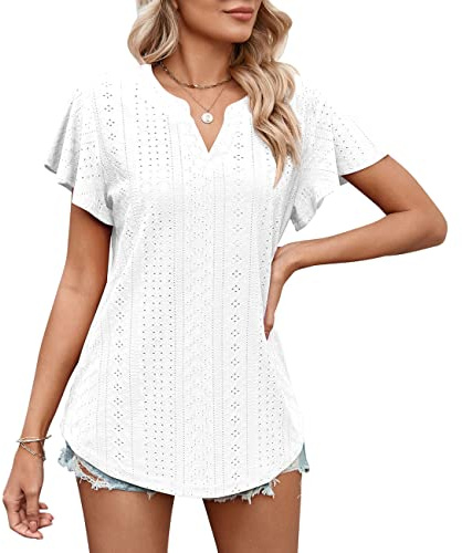 KONFEN Blusas Mujer Mangas Cortas, Cuello en V Camisas Túnico Recortados Tops Verano, Camisetas Mujer Casual Elegante Suelta Shirts Liso, Blanco XXL