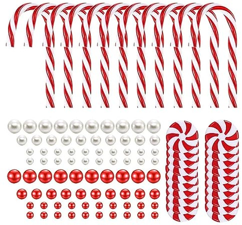 Meyrwoy Granulates, Christmas Vase Filler 106Pcs DIY Decorative Red White Floating Pearls Crutches Candies Xmas Themed Acrylic Christmas Centerpiece for Party Dinner Wedding