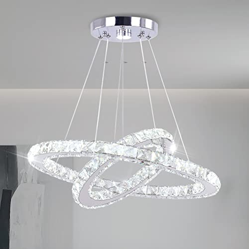 Finktonglan Lampadario LED Moderno a Sospensione in Cristallo, 2 Anelli Regolabili Ø30/50cm, Plafoniera Elegante per Soggiorno, Sala da Pranzo, Camera da Letto, Corridoio (Bianco Freddo)