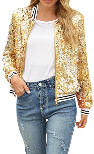 CCOOfhhc Jacke Damen Pailletten Gold Damen Metallic Bikerjacke Blazer mit Glitzer Langarm Bomberjacke Langarm Party Club Offen Glitzer Cardigan Metallic Jacket Reißverschluss Fliegenjacke