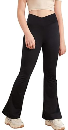 Girls' Flare Leggings Cross High Waisted Leggings with Pockets Creppy Bell Bottom Pants Yoga Dance Pants Bootcut Flares for Kids Size 6-14