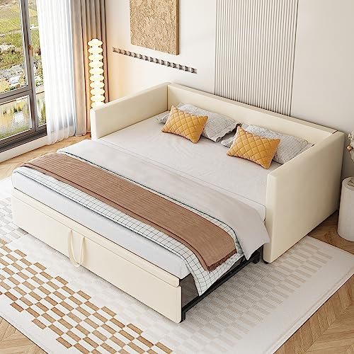 Dalred Polsterbett Ausziehbares Schlafsofa 90/180 * 200 cm mit Lattenrosten, Multifunktionsbett aus hautfreundlichem Samtstoff (beige)