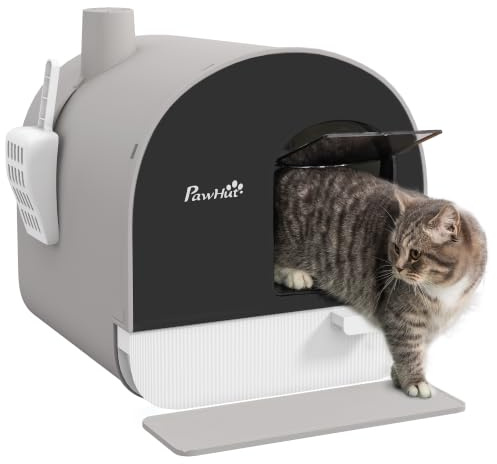 PawHut Hooded Cat Litter Tray Slide-Out Drawer 43 x 44 x 47cm Light Grey | Enclosed Cat Litter Box, Anti-Tracking Mat, Scoop, Filter for Odor Control, Flap Door, Easy Cleaning