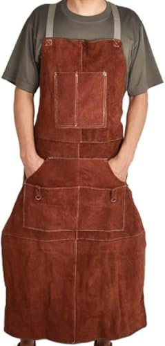 LLECDASEUI Cuir Soudage Travail Tablier D'atelier - Résistant à La Chaleur, Imperméable, Ajustable, Multifonctionnel, Pour Hommes et Femmes (Marron)
