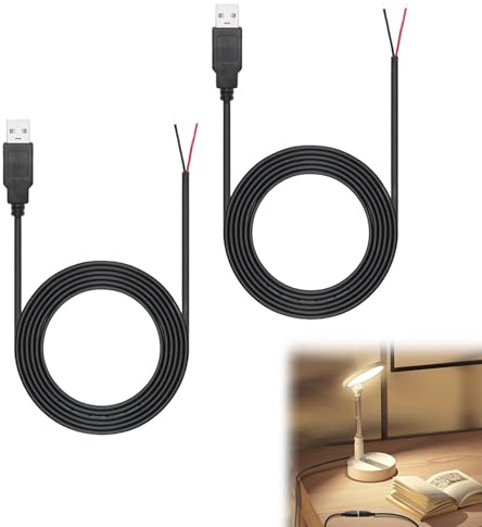 Rakiuty 2 Pièces Queue de Cochon USB de 2 M, Câble USB 2.0 à 2 Fils, Extrémité Ouverte à Fil nu à 2 Broches, Câble USB mâle de 2 Mètres, Câble d'alimentation à Prise USB 5V 2A