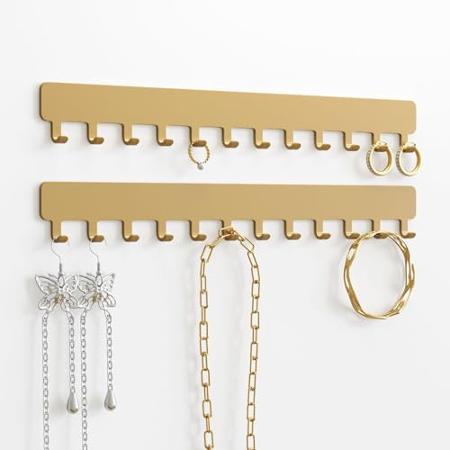 Josmimic Wall Necklace Organizer Holder: Wall Mounted Jewelry Hanging Storage Necklaces Display Hanger Painted Gold 2 PCS
