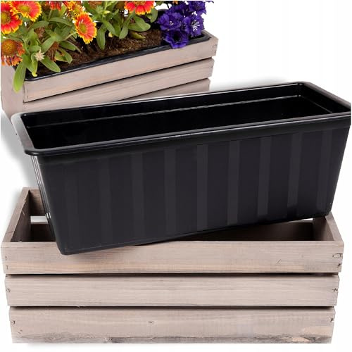 ECODECO Deko Holzkiste für Blumen | Kiste Holz 18x60x15 cm | Holzbox mit Plastic Insert | Blumentopf für Balkon Terrasse oder Garten | Braun Blumenkasten