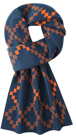 WANYING Herbst Winter Herrenschal 6% Wolle Gestrickter Schal Strickschal Wolleschal Modeschal für Urban Herren Gentleman - Diamond Pattern Dunkelblau & Orange