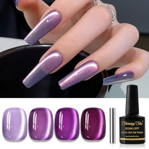 Shining She Magnetic Cat's Eye Gel Nail Polish - 4 Colors: Grey, Purple, Dark Grape - Soak-Off UV/LED Jelly Glass Crystal - For Nail Art Salon & DIY Home, 8 ML