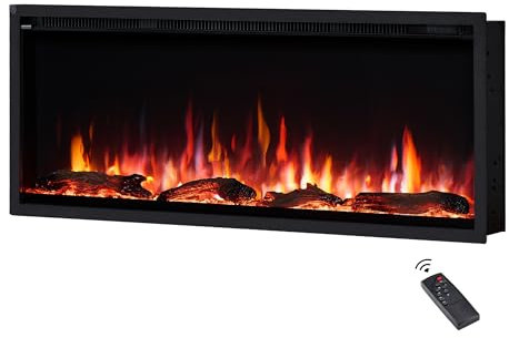 FlameKo Avena Cheminée électrique encastrée murale avec cadre fin 107 cm avec plusieurs couleurs de flamme, avec bûches, chauffage 750 W et 1500 W