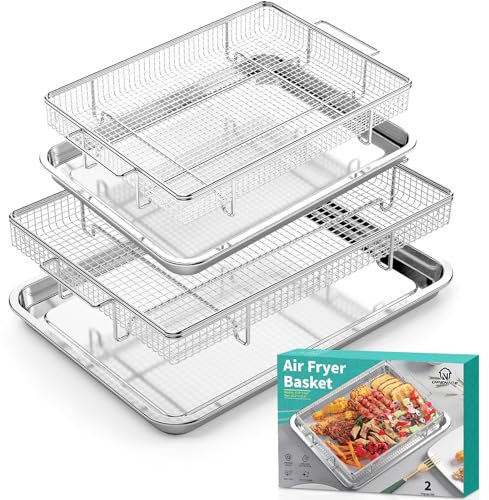 Air Fryer Basket for Oven, 25% Thicker, OPENICE 2 Set Oven Air Fryer Basket and Tray with Magnetic Cheat Sheet, Stainless Steel Air Fryer Pans and Crisper Tray for Convention