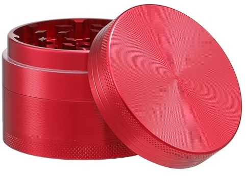 Dcou Aluminium Gewürze Kräutermühle mit Pollensammler, Mehrfachkammern und magnetischen Deckel 4-teilig 2,5 - Zoll (Reines Rot)
