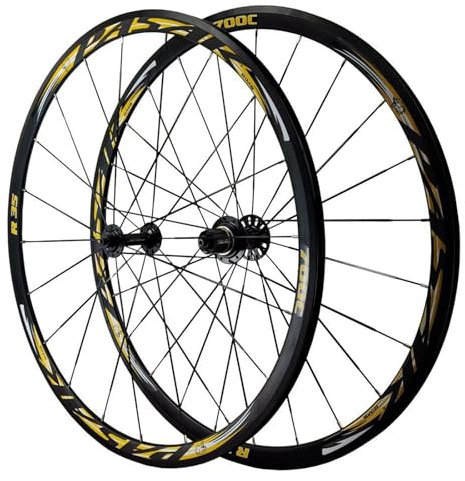 MirOdo Rennrad-Laufradsatz Vorderradnaben 2 Hinterradnaben 4 Lagernaben 700C 30mm Felgenhöhe Fahrradräder Aus Aluminiumlegierung 20/24 Löcher C/V-Bremse Schnellspanner Für 8-12-Gang-Kassette(Black/Gol