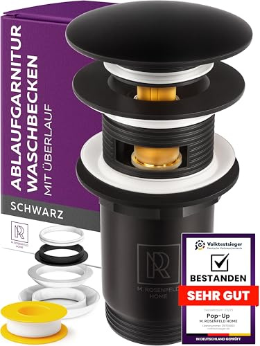 Avloppsuppsättning handfat svart med bräddavlopp – popup avloppsventil för tvättställ och handfat – svart avloppssats 1 ¼ tum – trycköppning ventil M. ROSENFELD HOME