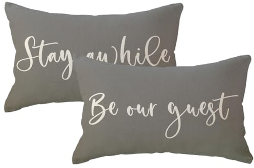 ULOVE LOVE YOURSELF Guest Welcome Throw Pillow Covers 2Pack Stay Awhile and Be Our Guest Design Farmhouse Guest Room Decor Cushion Covers 12 x 20 (Grey)