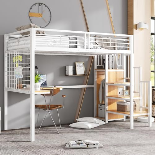 Gxffipw Etagenbett Kinderbett 90x200 cm mit Treppe und Stauraum Schrank, Hochbett mit Schreibtisch, Einzelbett Bettrahmen mit Metallrahmen und Rausfallschutz, Metallbett, Weiß, Ohne Matratze