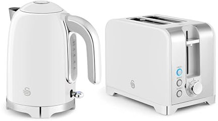 Swan Solace Kitchen Set, 1.7L Kettle, 930W 2 Slice Toaster, SK19026WHT + ST19031WHT, White with Chrome Trim
