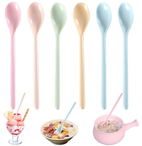6 Piezas Unidades Cucharas De Plástico De Color, Cucharas Largas Para Huevos 18.5 cm, Cuchara Plásticas Largas Reutilizable, Cuchara Plastico Colores para Té, Postres, Yogur, Café, Miel, Cócteles