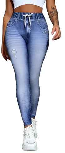 Gellmall Leggings de aspecto vaquero para mujer, cintura alta, elásticos, pantalones largos y ajustados, pantalones de yoga, pantalones de fitness, S-2XL