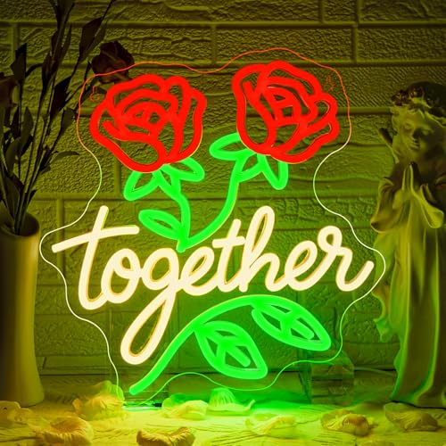 Looklight Red Rose Flower Together - Panneau lumineux LED pour décoration murale - Panneau lumineux pour mariage, anniversaire, Saint-Valentin, fiançailles, Noël - 32 x 33 cm