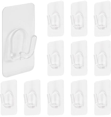 Rylae Gancio Adesivo, 12 Pezzi Trasparenti Gancio Autoadesivo, Ganci Adesivi Impermeabili Senza Chiodi, Ganci Forti Senza Cuciture per Cucina, Bagno, Parete, Porta, Accappatoi, Portasciugamani