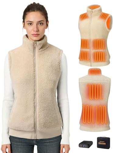 Topdot Lana Chaleco Calefactable Mujer, Chaleco Térmico con Batería de 7.4V 16000mAh,10 Zonas de Calentamiento con 3 Temperaturas,Forro Polar Chaleco Calefactable Eléctrico Ligero,Caqui,L