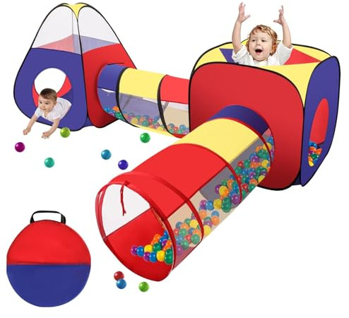 Toemics Spieltunnel 4-in-1 Tunnel für Kinder Babyzelt mit krabbeltunnel Pop-Up-Spielzelt mit Tunnel Spielzelt Bällebad mit Aufbewahrungstasche mit Reißverschluss für Jungen und Mädchen