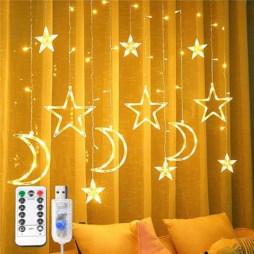 Weihnachten Lichterkette 3m 120 LEDs Sterne Mond LED Lichterketten Batterie/USB Lichtervorhang mit Timer & Fernbedienung, Lichterkette Vorhang Innen Außen Deko für Balkon, Kinderzimmer, Party