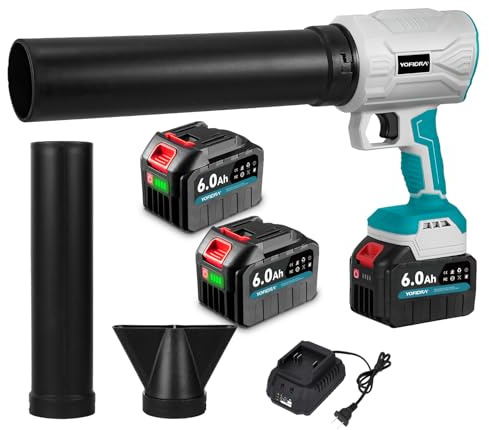 Yofidra Batteridriven lövblåsare, trådlös handfläkt med 2 batterier och laddare, borstlös motor 29 000 RPM, 1 100 g blåkraft, 234 km/h, inkl. 2 munstycken, praktiska fläktar för trädgård, camping