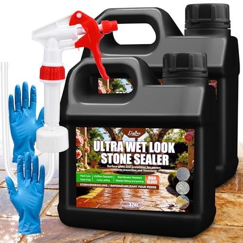 Wet Look Stone Sealer - Ultra Gloss Paver Sealer Stone Colour Enhancer Concrete Sealant with Long-Lasting Gloss Protection, Patio Sealer for Exterior Brick, Wood, Cement, Marble, Granite, Quartz (2L)