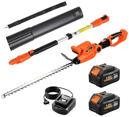 Outsunny Taille-Haies Électrique Lame 51 cm 2 Batteries 4,0 Ah Manche Télescopique en Aluminium, Taille-Haie sans Fil avec Tête Orientable Multi-Angle, pour Branches Arbustes Brindille, Orange