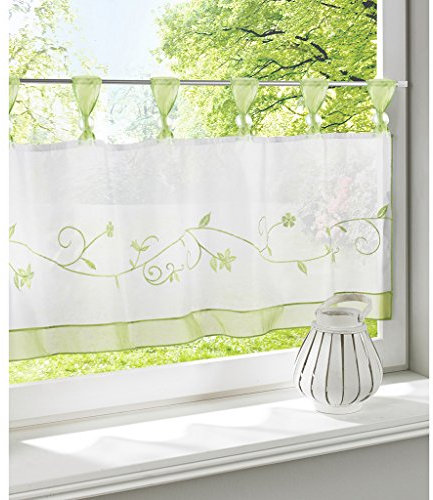 SIMPVALE 1 Stück Gardine mit Schlaufen Blume Bestickt Cafe kurz Vorhänge Küche Vorhang Querbehang (Grün, Breite 90cm/Höhe 60cm)