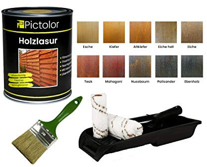 Pictolor Holzlasur 0,75 Liter Ebenholz + Lasurpinsel 70mm + Walzenset
