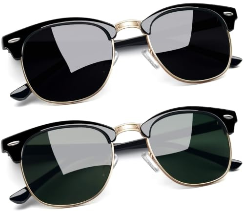 Joopin Occhiali da Sole Polarizzati da Uomo Donna Protezione UV Classici Quadrati Vintage Rettangolari Mezza Montatura Occhiali da Guida 2 Paia (Nero Lucido+Verde Militare)