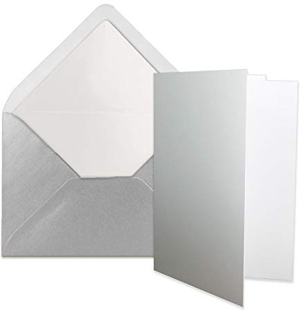 25x Stück Karten Set in SIlber Metallic Faltkarte DIN A6 mit Einlegeblatt in Weiß und Umschlag DIN C6 mit weißem Seidenfutter