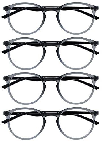 OPULIZE Met Lesebrille 4er Pack Schlank Runder Rahmen Federscharniere Kratzfest Transparent Grau Schwarze Bügel Herren Damen RRRR60-7 +1.00