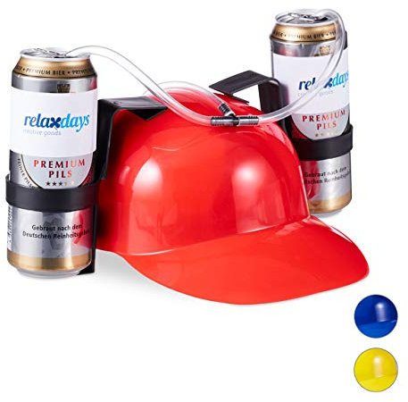 Relaxdays 1 Gorra Cerveza para Dos Latas, PVC, 13 x 32 x 28 cm, Rojo