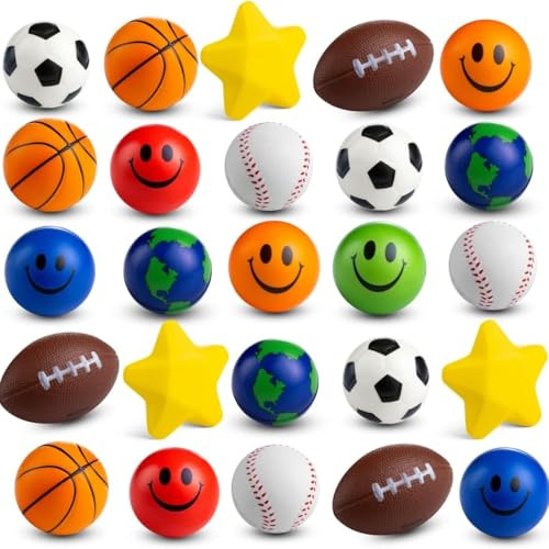 Bulk Mini Stress Balls for Kids (25 Pack) 2-3 Inch Soft Squeezable Fidget Toy Balls, Variety of Shapes & Colors, for Kids Birthday Party Favors & Goody Bag Stuffers, Game Prizes for Boys & Girls