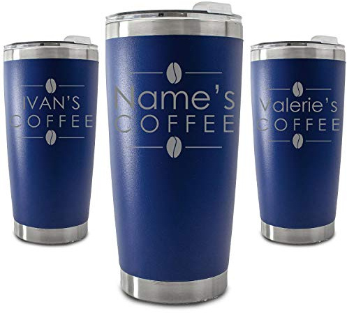 Personalised Engraved 500ml Dark Blue Travel Cup with Name's Coffee Design, Personalise with Any Name