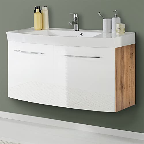 Lomadox Waschtisch 100cm 2-türig Badezimmer FLORIDO-03-OAK weiß Hochglanz mit Wotaneiche, B/H/T: ca. 100/54/47cm