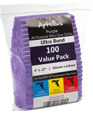 Artellius Mini Hot Glue Sticks - 100 Pack, Purple, Trigger Style - Hot Melt Glue Sticks for All-Temp Use & Strong Bond