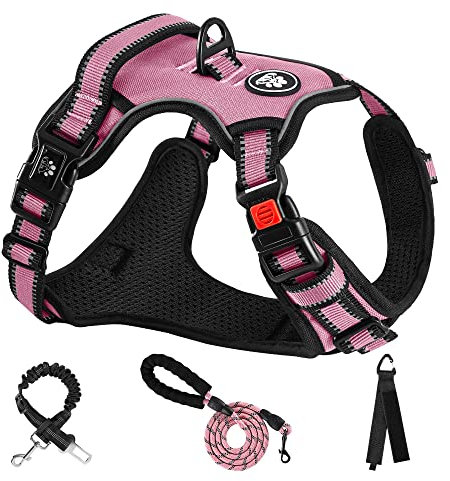 NESTROAD Anti Zieh Hundegeschirr Große Hunde Leine Geschirr Set Rosa, Größe XL für Hunde Grosse mit Halsumfang 43~64CM Brustumfang 53~89CM, enthalten Brustgeschirre, Hundeleine, Sicherheitsgurt