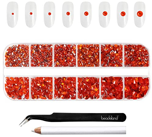 Beadsland 2500pcs Orange Strasssteine, Flatback Gems Runde Kristall Strasssteine ​​zum Basteln Gemischt 8 Größen SS4 ~ SS30 mit Picking Pinzette und Stift (Orange)